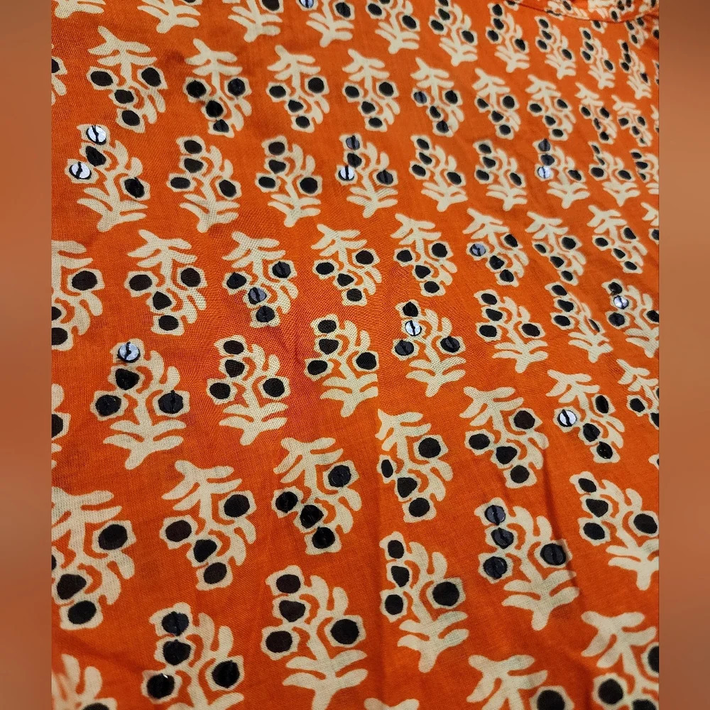 TORY BURCH Orange Navy & White Floral Printed Sequin Lightweight Tunic Top Sz 6 - Picture 6 of 7